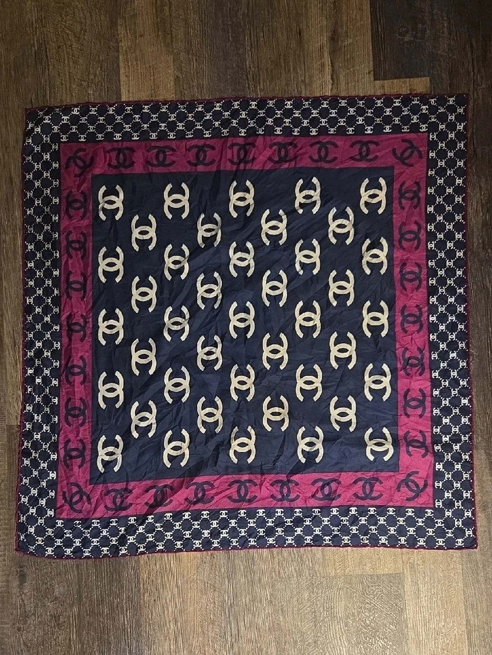 Chanel CC Monogram Navy Blue, White, Purple Silk Scarf 34x34 Inches - Picture 13 of 17